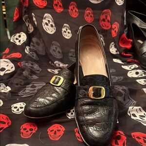 Feragamo Black Croc-Embossed Loafers with Gold Buckle